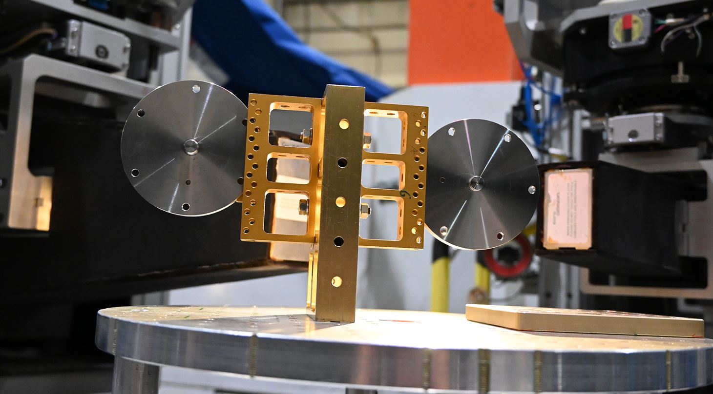 Metal parts undergoing measurements for residual stress using neutrons